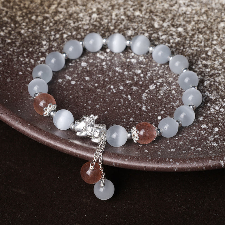 Braccialetto di supporto PiXiu in quarzo fragola con pietra lunare naturale occhio di gatto Buddha Stones