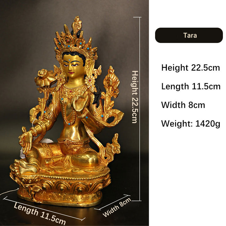 Bodhisattva Tara Chenrezig Avalokitesvara a quattro braccia Protezione Statua placcata in oro e rame Decorazione