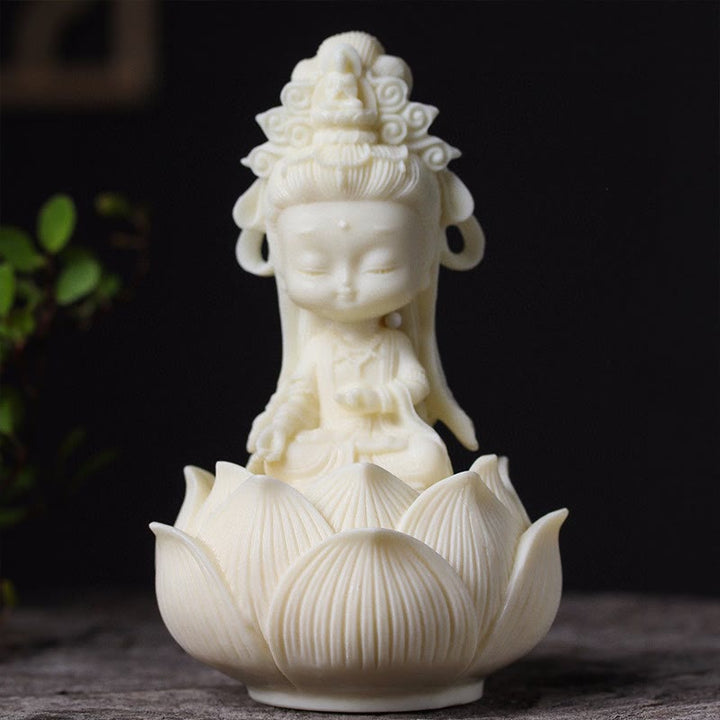 Buddha Stones Mini Avorio Frutta Kwan Yin Avalokitesvara Loto Ricchezza Decorazione Scrivania - Piccolo Avalokitesvara 11,2*5,2*4,8 cm - image 0
