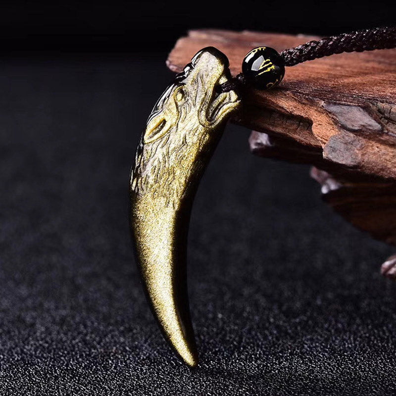Buddha Stones Collana con ciondolo in ossidiana nera naturale, ossidiana di ghiaccio, ossidiana arcobaleno con motivo a dente di lupo e forza. - image 0