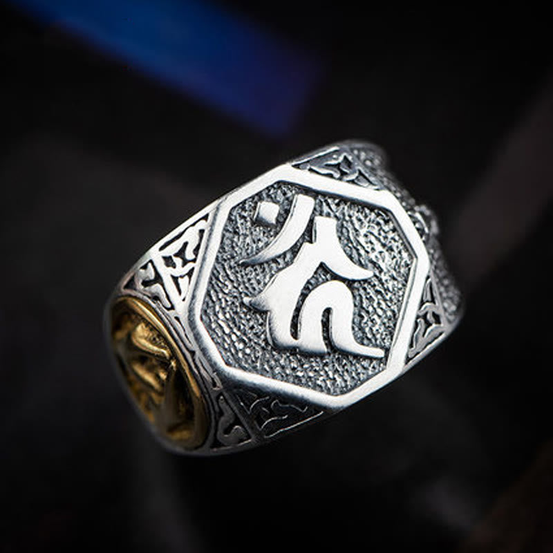 Anello regolabile con protezione intagliata in argento sterling 925 con design sanscrito Buddha Stones
