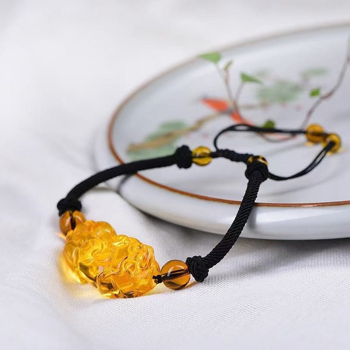 Braccialetto della ricchezza con moneta di PiXiu Cooper in ossidiana naturale, ametista, citrino e Buddha Stones