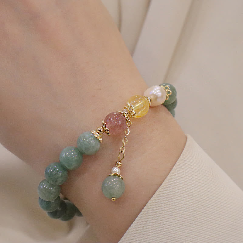 Braccialetto con ciondolo di perle di giada e quarzo fragola, Buddha Stones , abbondanza e fortuna