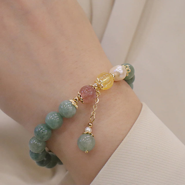 Braccialetto con ciondolo di perle di giada e quarzo fragola, Buddha Stones , abbondanza e fortuna