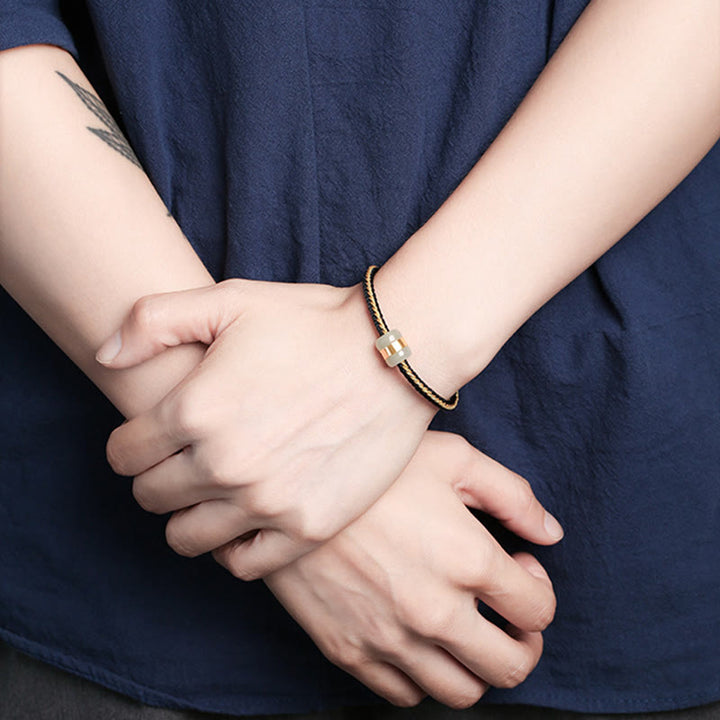 Bracciale intrecciato con carattere Om Mani Padme Hum Fu in giada bianca Hetian con Buddha Stones in oro 999