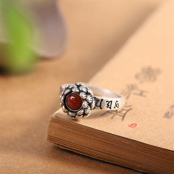 Buddha Stones925 Sterling Silver Lotus Red Agate Anello di Benedizione della Fiducia