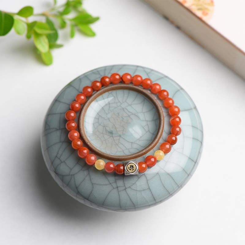 Buddha Stones 925 Sterling Silver Zodiaco Cinese Buddha Natale Amuleto Agata Rossa Ambra Bracciale Autoaccettazione