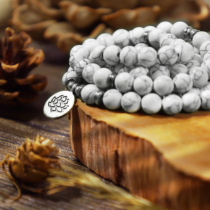 Braccialetto di guarigione Mala di loto turchese bianco Buddha Stones