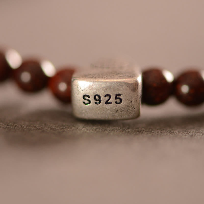 Braccialetto a triplo giro con protezione del carattere Fu, in argento Buddha Stones 925, con piccola foglia indiana in legno di sandalo rosso