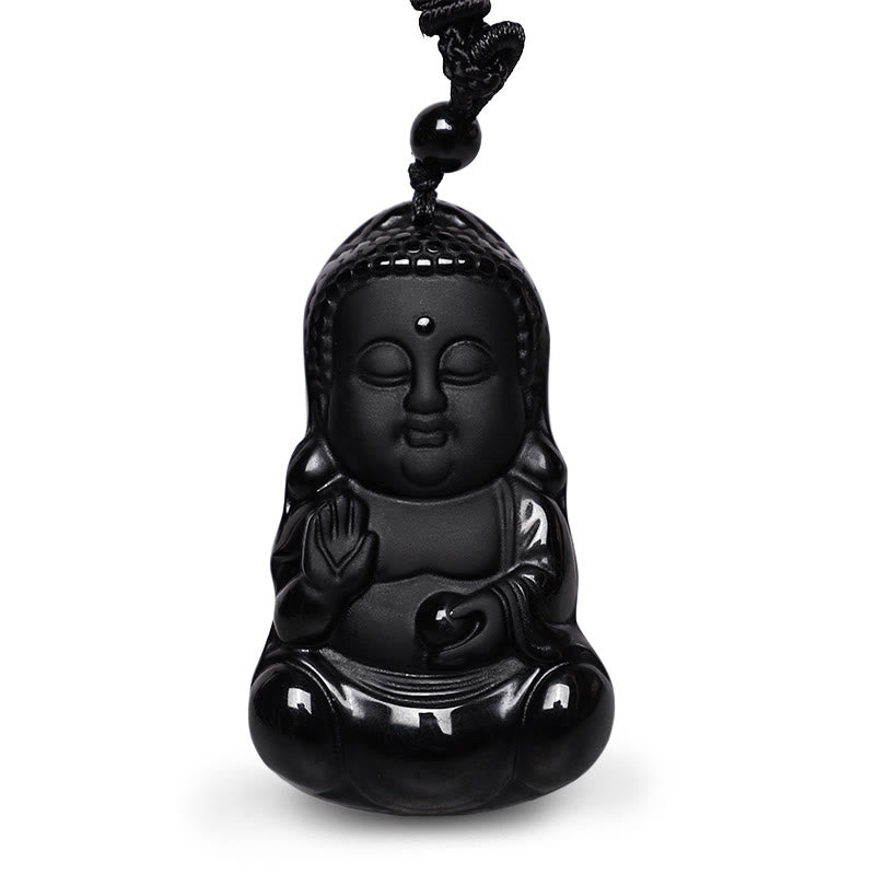 Buddha Stones Ossidiana nera naturale Cristallo Buddha Forza Protezione Amuleto Portafortuna Collana Pendente - image 2