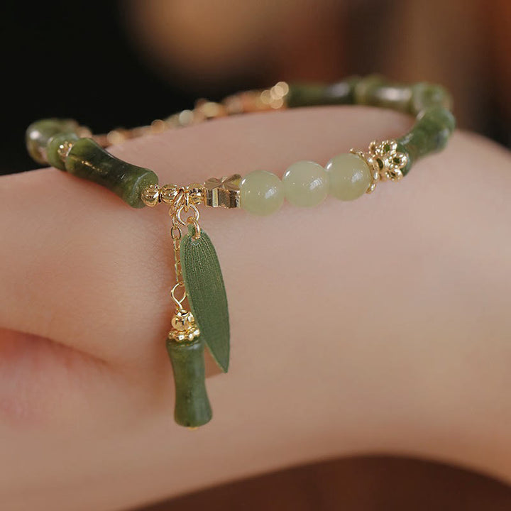 Braccialetto Buddha Stones Jade Bamboo Leaf Mughetto Modello Fortuna Abbondanza