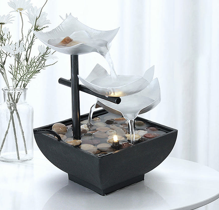 Buddha Stones Tre strati Fontana a cascata Ornamenti da tavolo di loto con rocce di fiume Decorazione da tavolo