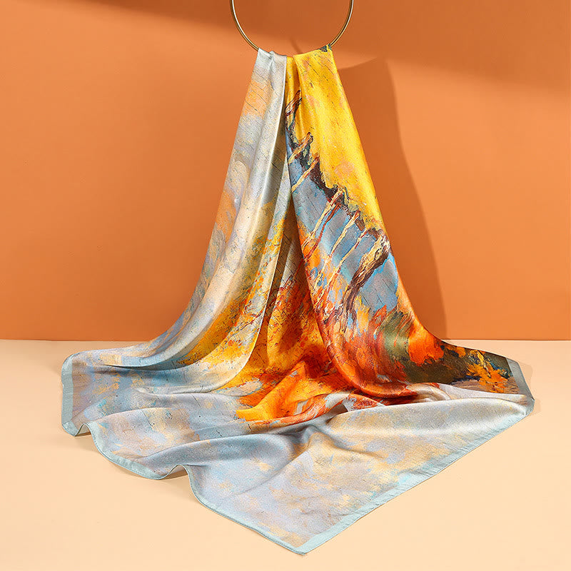 Buddha Stones Dipinto ad olio Città Scena innevata Castello Loto 100% seta di gelso Sciarpa per capelli al collo - image 1