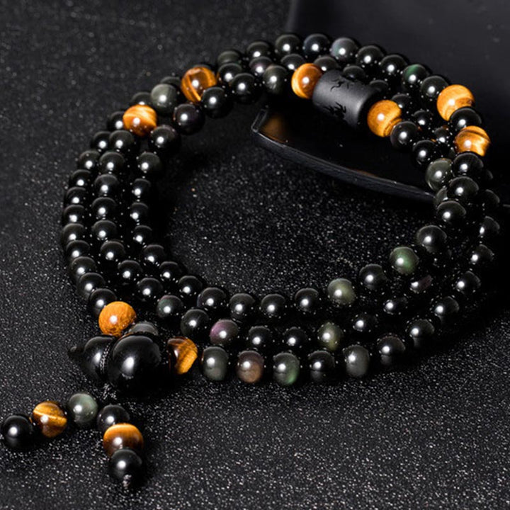 Braccialetto di benedizione di zucca di ossidiana arcobaleno di ossidiana nera naturale Buddha Stones Mala