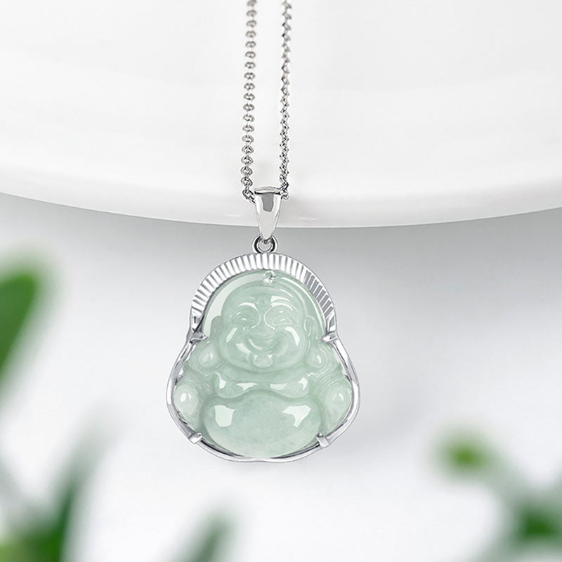 Collana con Buddha Stones in argento sterling 925 con ciondolo a forma di Buddha che ride, in giada, con fortuna e calma - image 2