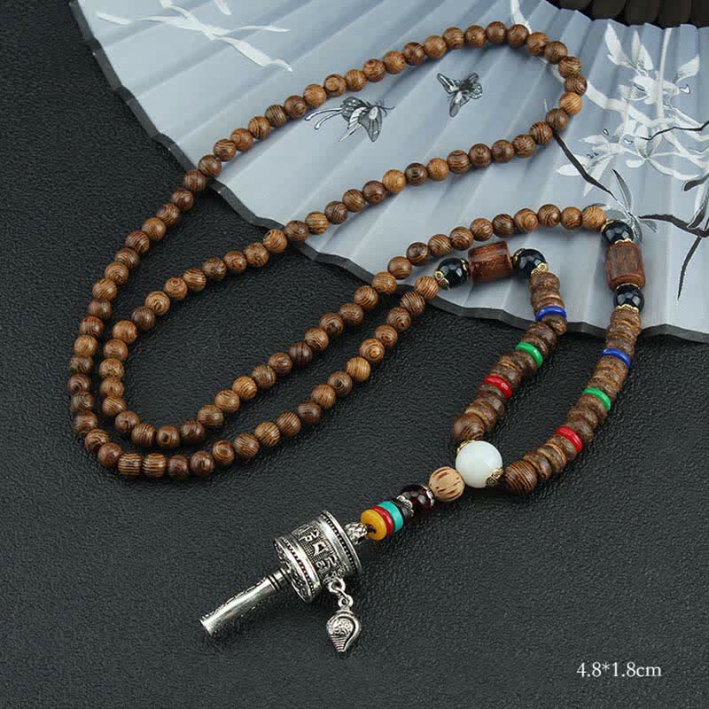Buddha Stones Tibetano Om Mani Padme Hum Ruota della Preghiera Rotazione Vajra Collana Pendente in Legno - Ruota della preghiera d'argento - image 14