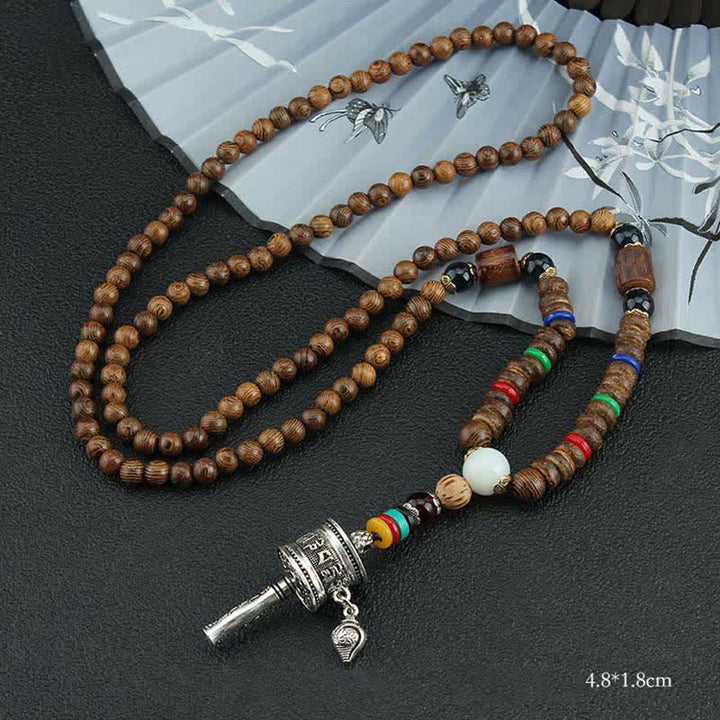 Buddha Stones Tibetano Om Mani Padme Hum Ruota della Preghiera Rotazione Vajra Collana Pendente in Legno - Ruota della preghiera d'argento - image 14