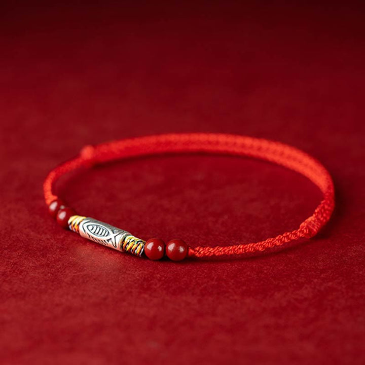 Buddha Stones 925 Sterling Silver Koi Fish Cinnabar Bead Wealth Braccialetto intrecciato artigianale Cavigliera