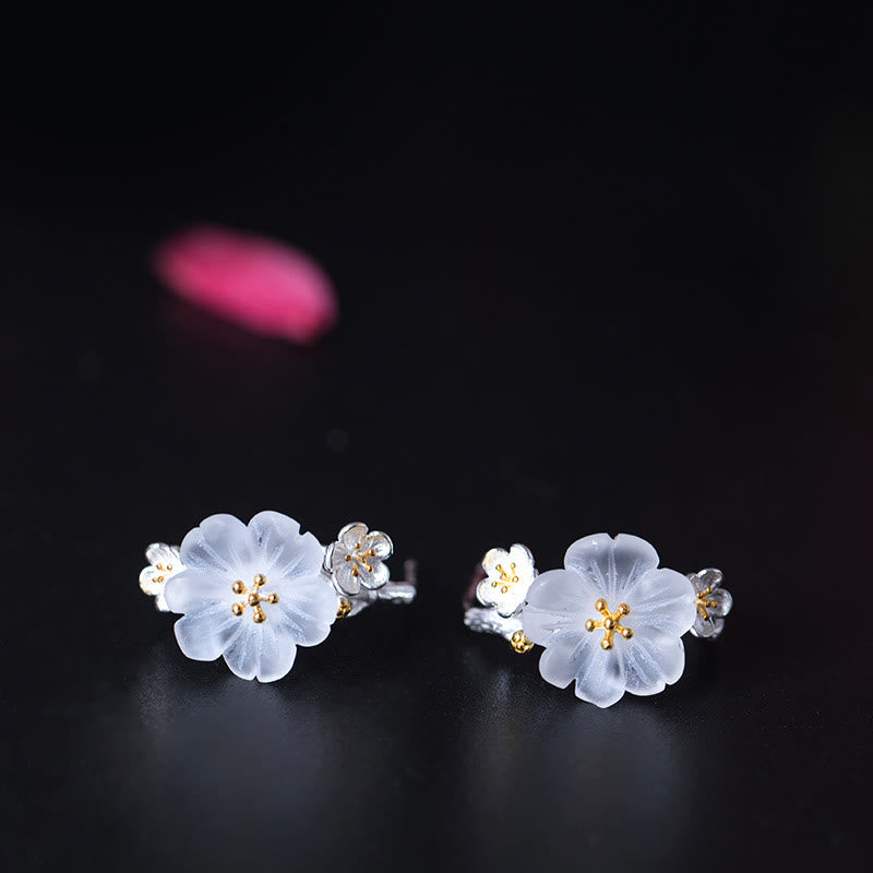 Orecchini Buddha Stones in argento sterling 925 con fiori di prugna e benedizione floreale