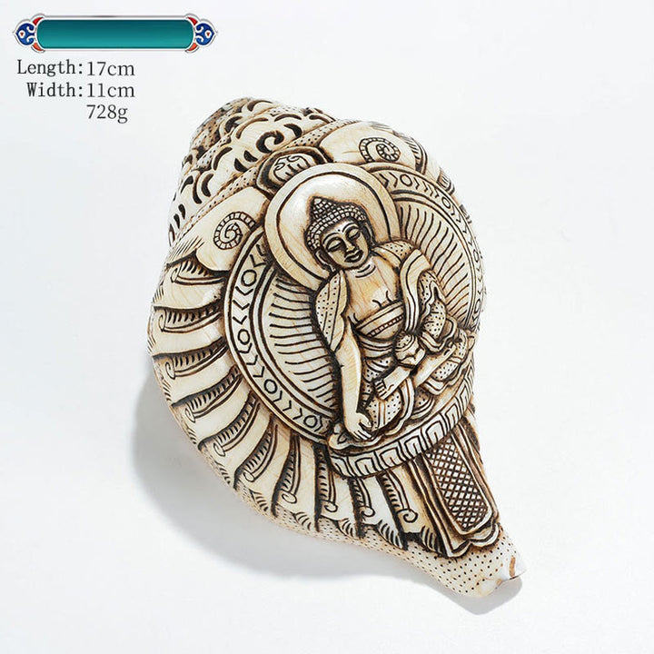 Decorazione di ricchezza di conchiglia di conchiglia di Avalokitesvara Buddha tibetano inciso a mano Shankha - Sakyamuni 14*11cm - image 17