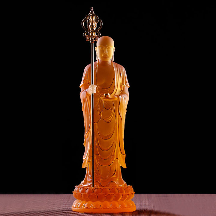 Buddha Stones fatte a mano Ksitigarbha Bodhisattva Figurina Liuli Cristallo Pezzo d'arte Statua della serenità Decorazione per la casa