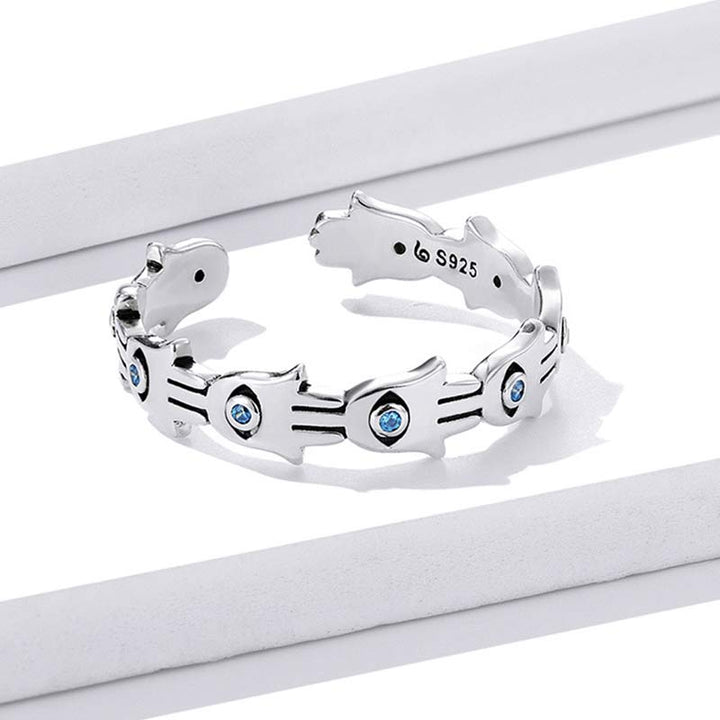 Anello regolabile con simbolo Hamsa in argento sterling 925 Buddha Stones e zircone