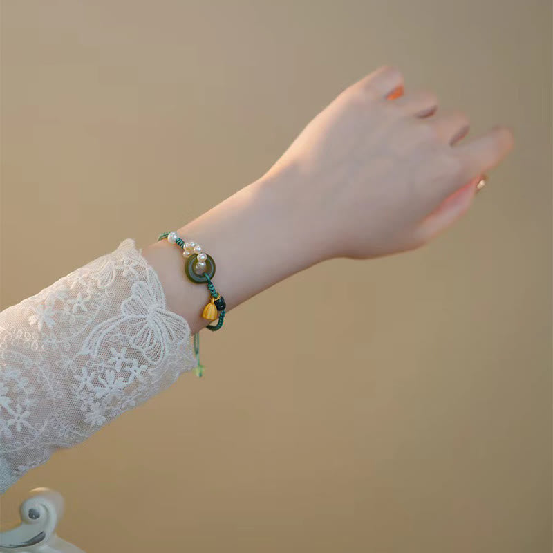 Bracciale intrecciato a mano con perle e giada naturale di Hetian, fibbia della pace, pietre Buddha Stones