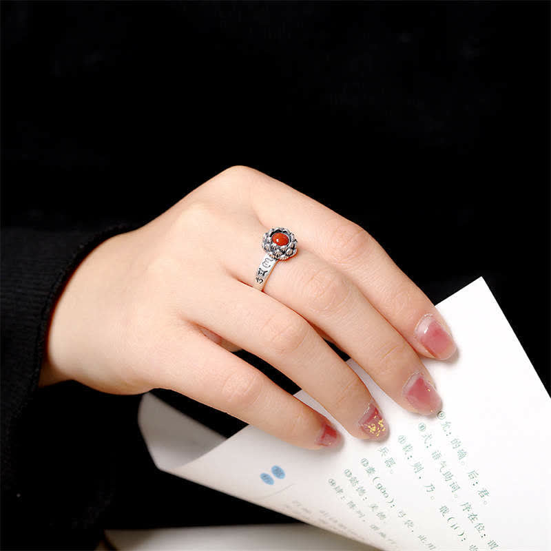 Buddha Stones925 Sterling Silver Lotus Red Agate Anello di Benedizione della Fiducia - image 2