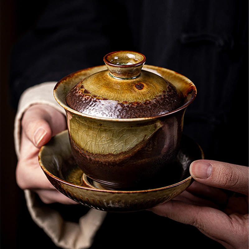 Buddha Stones Vintage Brown Kiln Change Design Porcellana Ceramica Gaiwan Sancai Tazza da tè Kung Fu Tazza da tè e piattino con coperchio