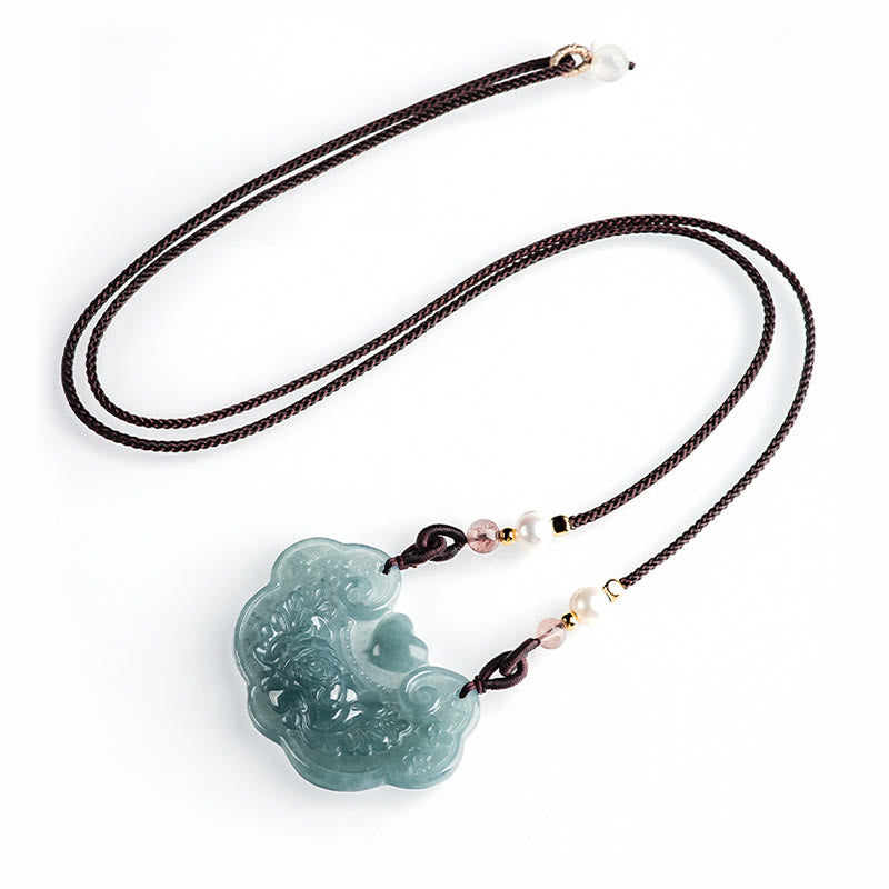 Collana con Buddha Stones a forma di fiore di peonia in giada naturale con ciondolo a forma di lucchetto di buoni auguri e prosperità