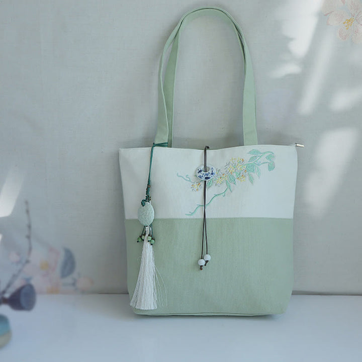 Borsa a tracolla grande capacità in tela con ricamo in bambù, prugna, fiore di pera, pesco