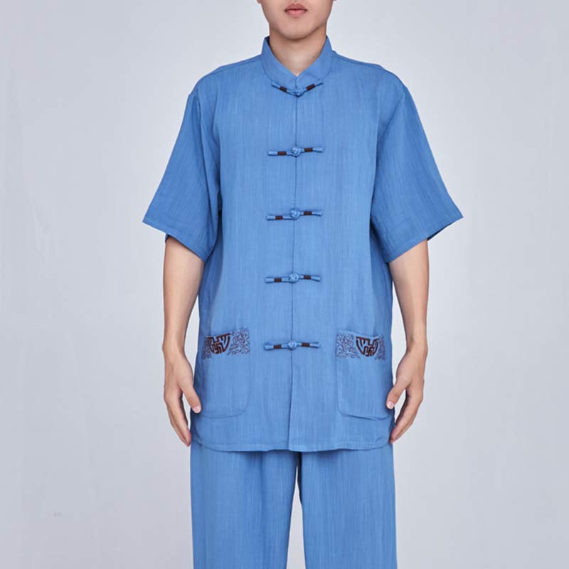 Buddha Stones Meditazione Zen Preghiera Spirituale Tai Chi Qigong Pratica Unisex Ricamo Abbigliamento Set - Ricamo blu a manica corta - US14, UK/AU18, EU46 (3XL) - image 32