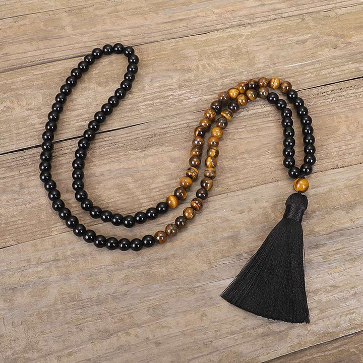 Collana di protezione con occhio di tigre in onice nero tibetano Buddha Stones Mala Set