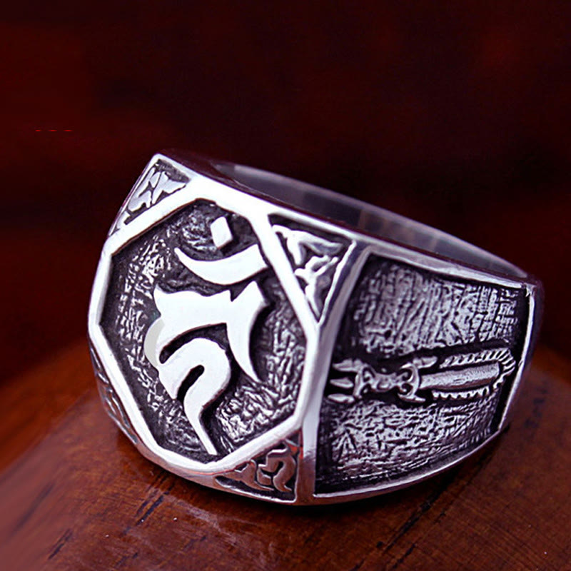 Anello regolabile con protezione intagliata in argento sterling 925 con design sanscrito Buddha Stones