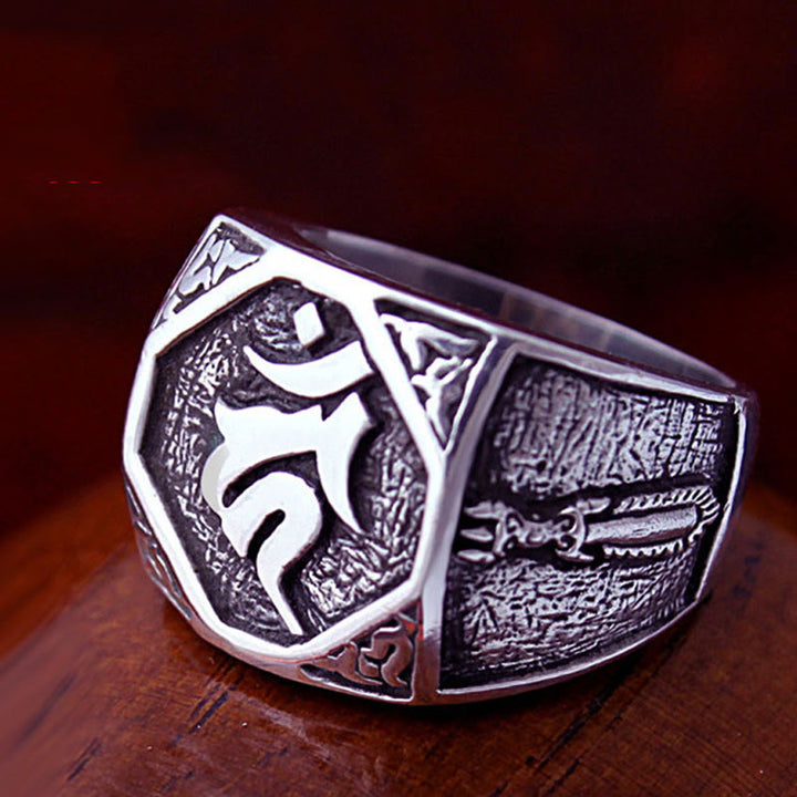Anello regolabile con protezione intagliata in argento sterling 925 con design sanscrito Buddha Stones