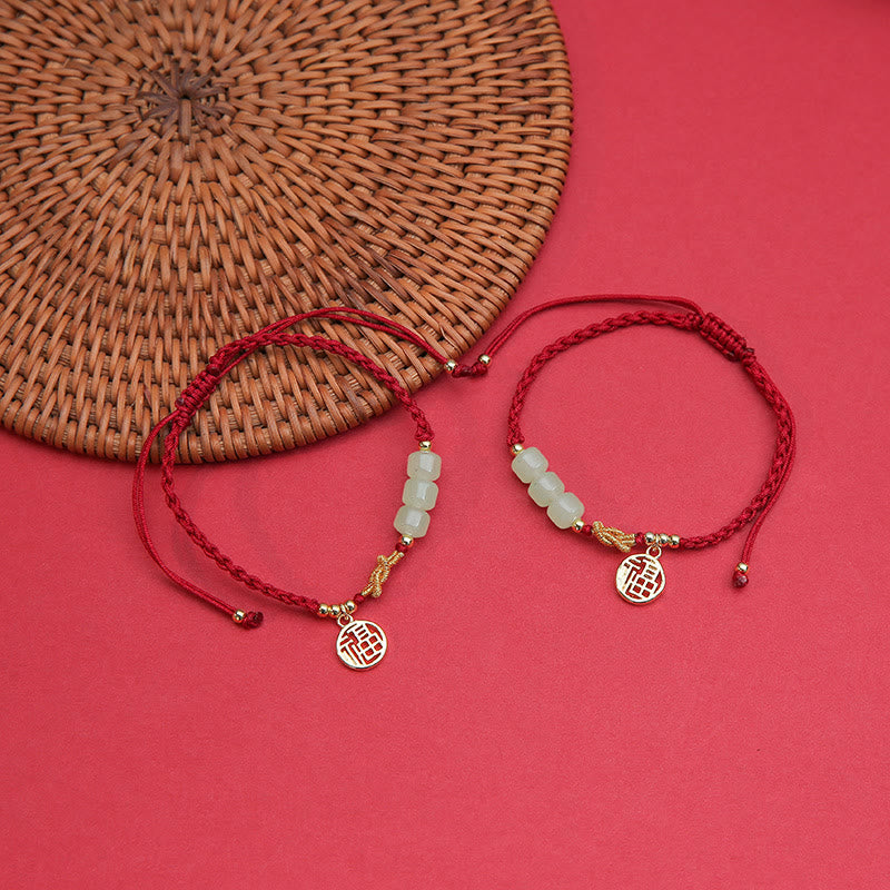 Braccialetto con corda rossa con ciondolo a forma di carattere Fu, con perline di giada lavorate a mano Buddha Stones