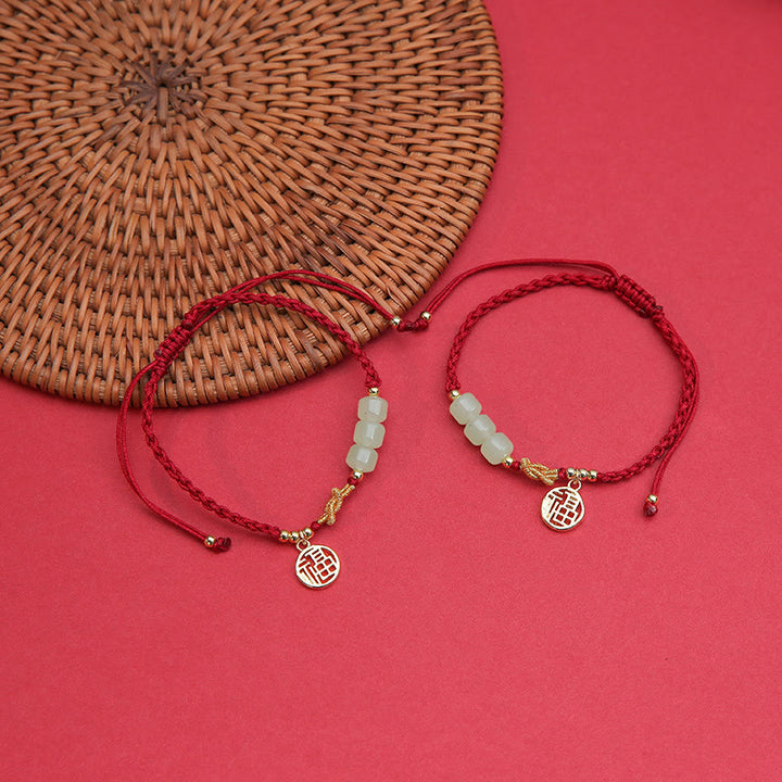 Braccialetto con corda rossa con ciondolo a forma di carattere Fu, con perline di giada lavorate a mano Buddha Stones