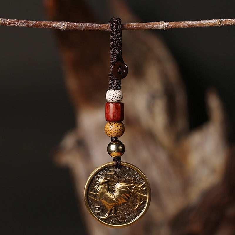 Portachiavi con decorazione in rame con zodiaco cinese e fortuna