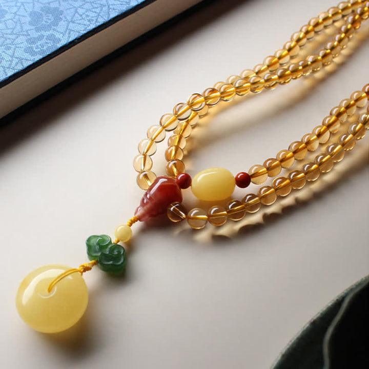 Braccialetto con ciondolo di protezione PiXiu, 108 perle di Mala, ambra citrino naturale, fibbia della pace, agata rossa