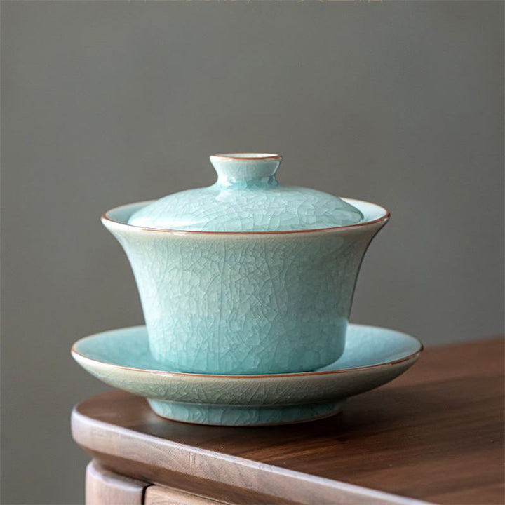 Buddha Stones Retro Green Ice Glaze Ceramic Gaiwan Sancai Tazza da tè Kung Fu Tazza da tè e piattino con coperchio