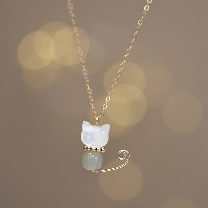 Buddha Stones 14K placcato oro perla Hetian giada conchiglia fortuna gatto gattino collana pendente - image 6