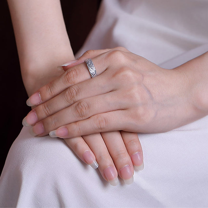 Anello di illuminazione inciso con Buddha Stones in argento sterling 999, fiore di loto, fiore di prugna, nuvole di buon auspicio - image 3