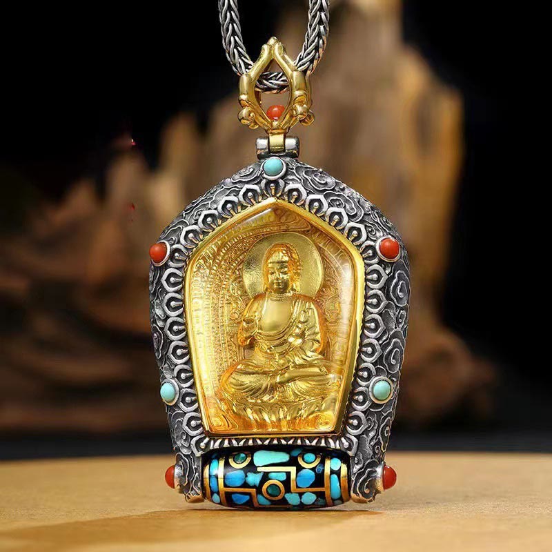 Collana con ciondolo con perline Dzi girevole Tibet Zodiaco cinese Natale Buddha Thangka Prosperità - image 1
