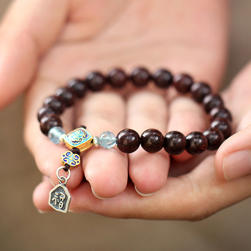 Bracciale Buddha Stones 925 Sterling Silver Indiano Piccola Foglia Sandalo Rosso Acquamarina Pieno di Stella d'Oro Cinese Nodo Benedizione Bracciale