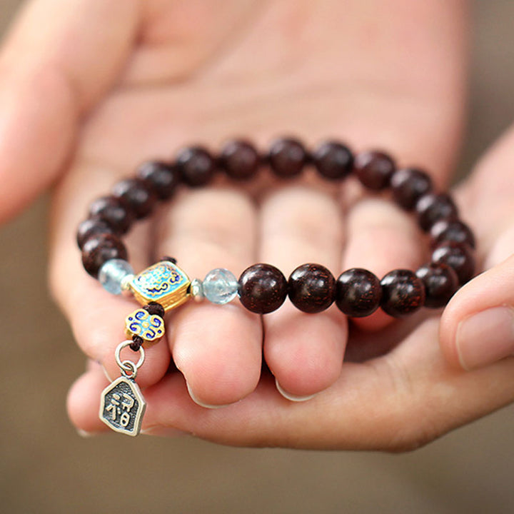 Bracciale Buddha Stones 925 Sterling Silver Indiano Piccola Foglia Sandalo Rosso Acquamarina Pieno di Stella d'Oro Cinese Nodo Benedizione Bracciale