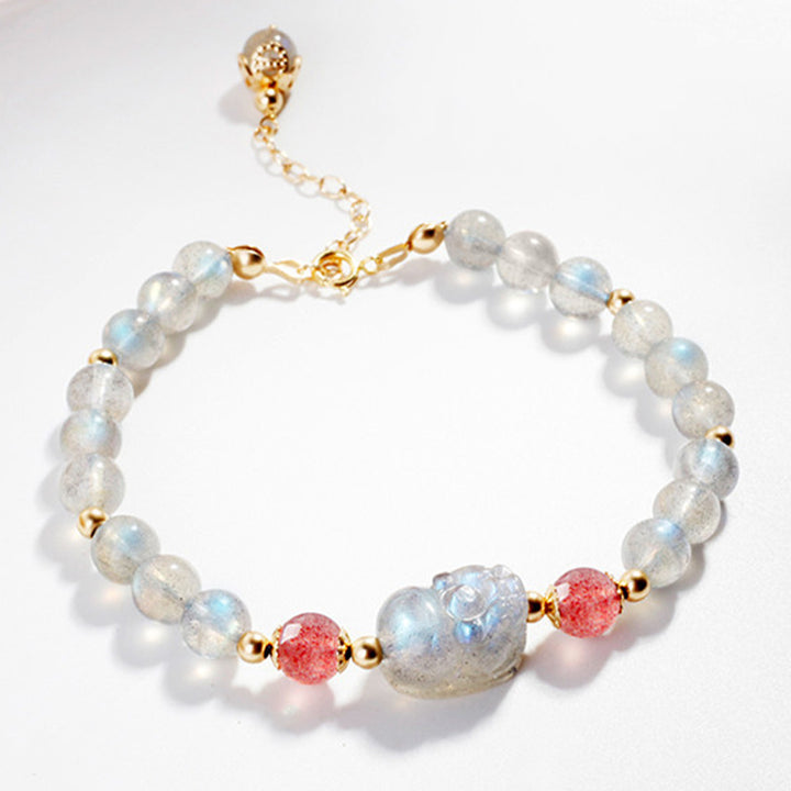 Braccialetto di guarigione PiXiu con pietre di luna, quarzo fragola e Buddha Stones