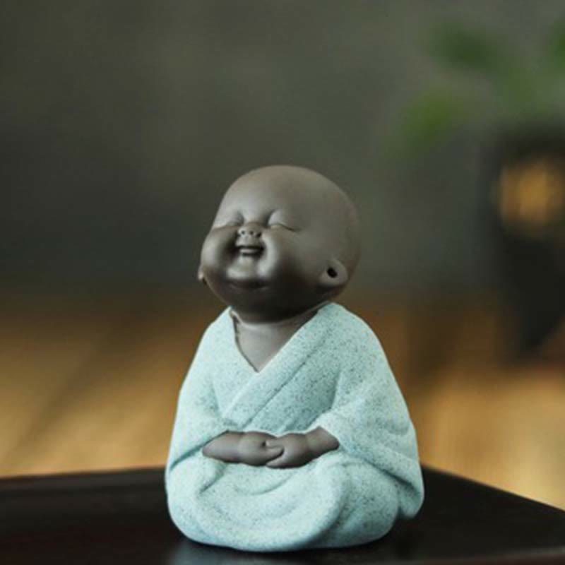Buddha Stones Buddha sempre sorridente che ride Ricchezza Fortuna Argilla viola Statua di Maitreya Decorazione - Piccolo monaco verde seduto - image 17