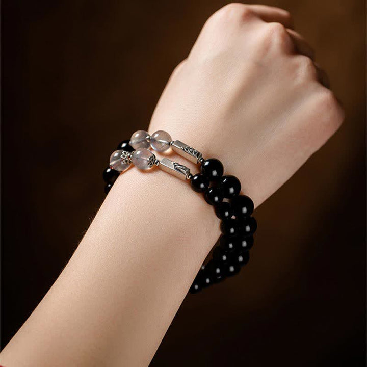 Bracciale di coppia in argento sterling 925 con pietra di luna e ossidiana