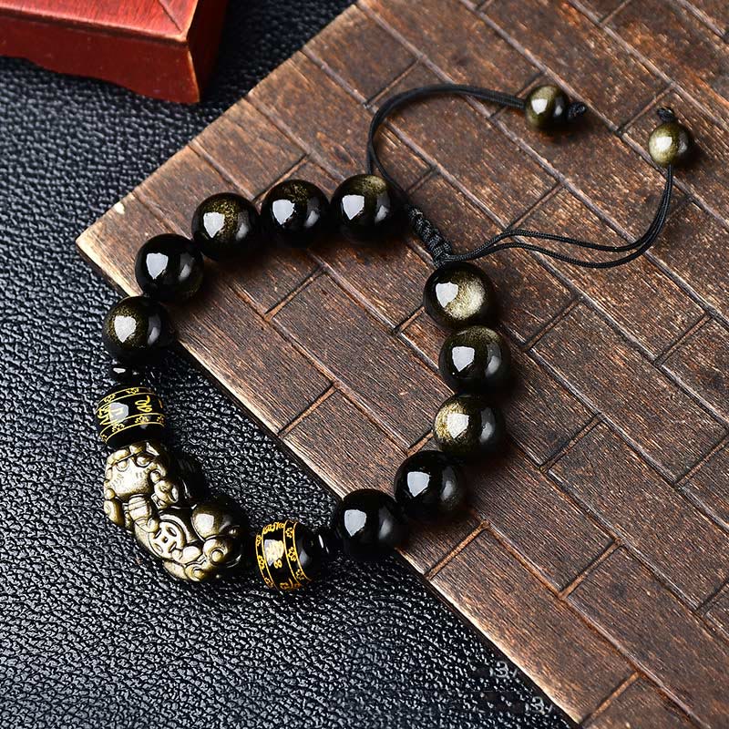 Bracciale intrecciato con Buddha Stones, lucentezza naturale dell'oro, ossidiana, PiXiu Om Mani Padme Hum, ricchezza