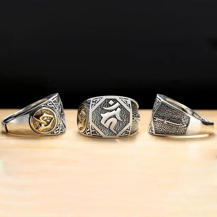 Anello regolabile con protezione intagliata in argento sterling 925 con design sanscrito Buddha Stones